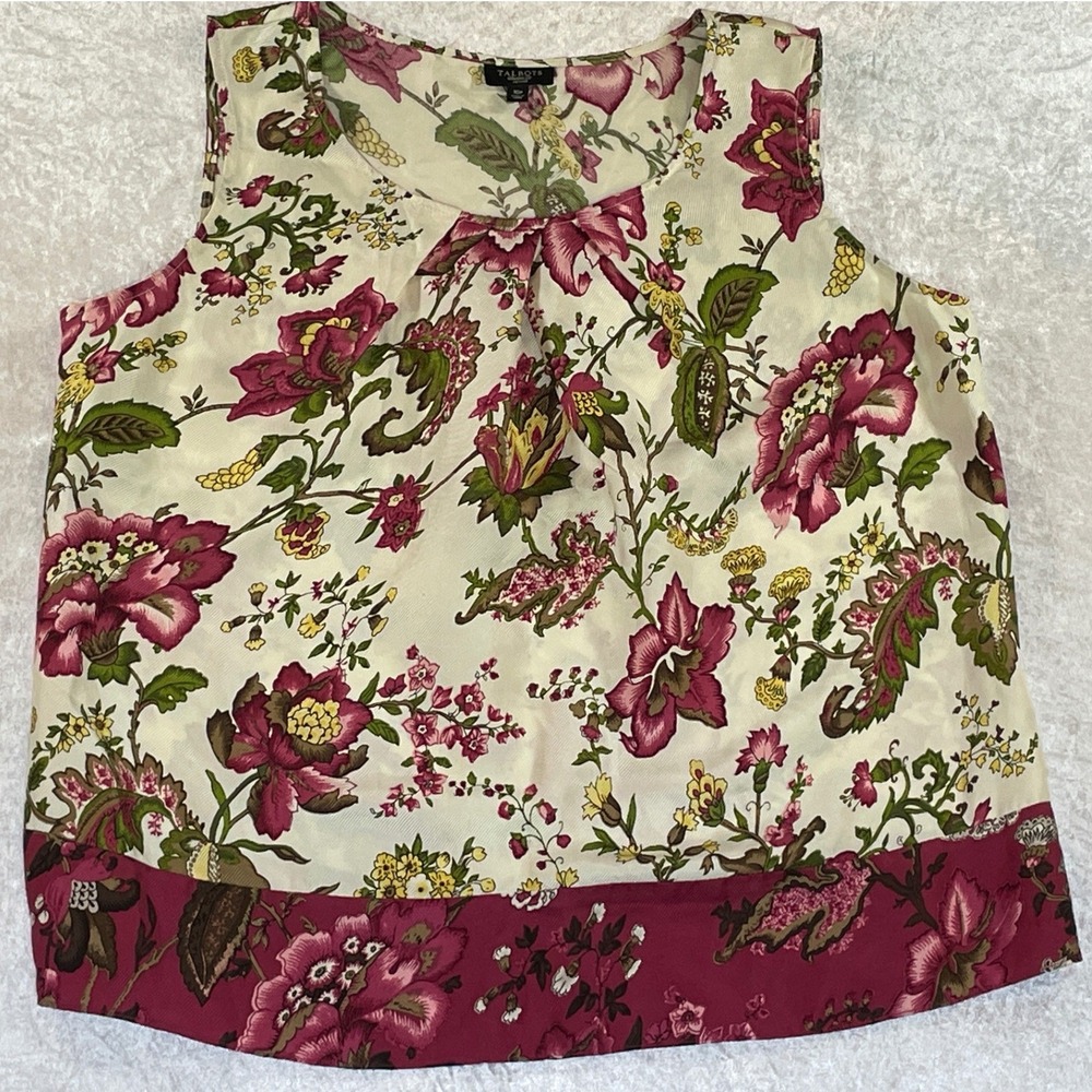 Talbots Silk Blouse Women 10P Cream Burgundy Floral Paisley Sleeveless Excellent